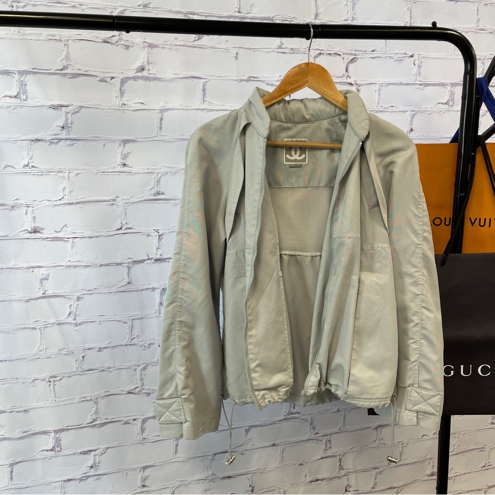 CHANEL Light Gray Hooded Zip Front Jacket